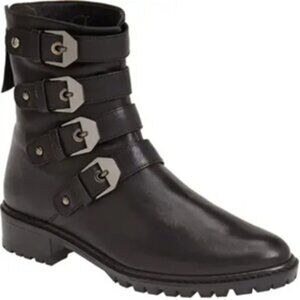 Stuart Weitzman Jitterbug Moto Booties Black Leather Buckle Detail Size 10